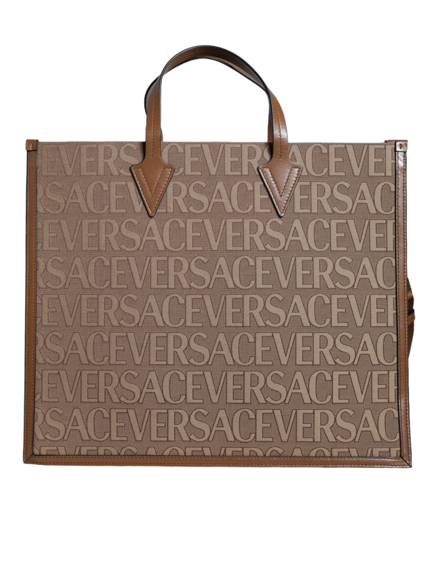 Versace Brown Top Handle Jacquard Leather Logo Crossbody Tote Bag