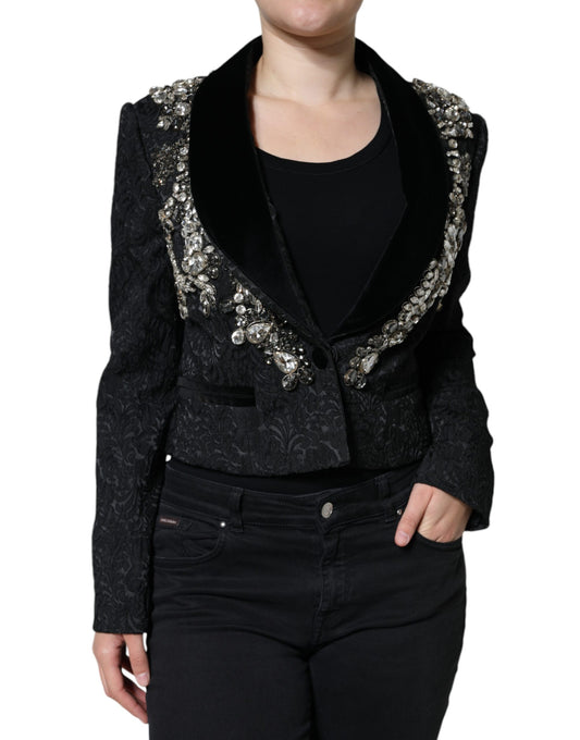 Dolce & Gabbana Black Jacquard Crystal Floral Jacket Blazer