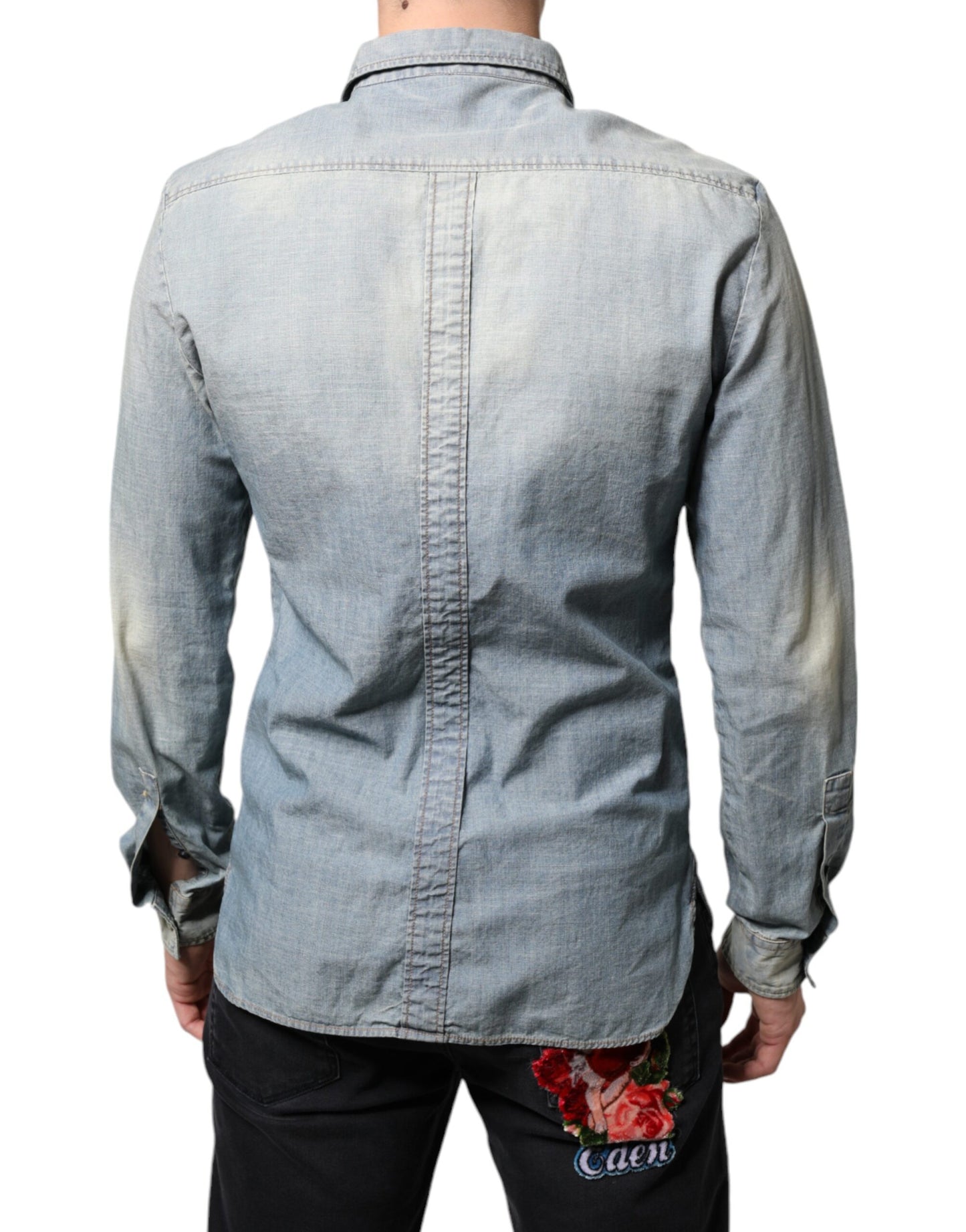 John Galliano Light Blue Printed Cotton Denim Long Sleeves Shirt