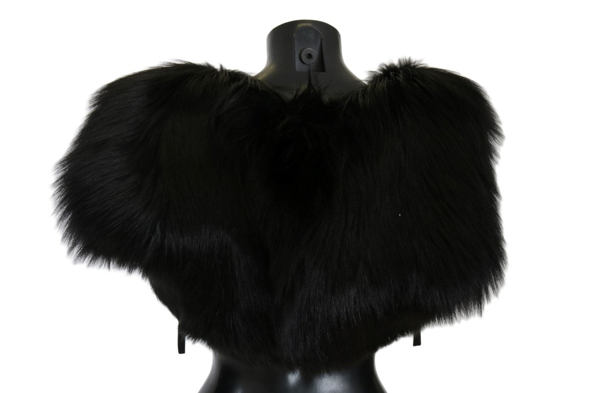 Dolce & Gabbana Elegant Black Silver Fox Fur Scarf