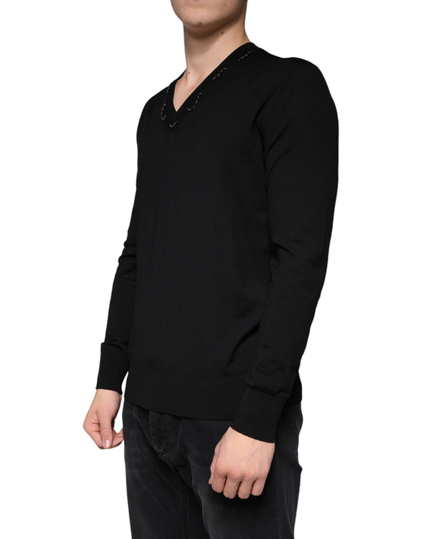 Dolce & Gabbana Black Embellished V-neck Pullover Sweater