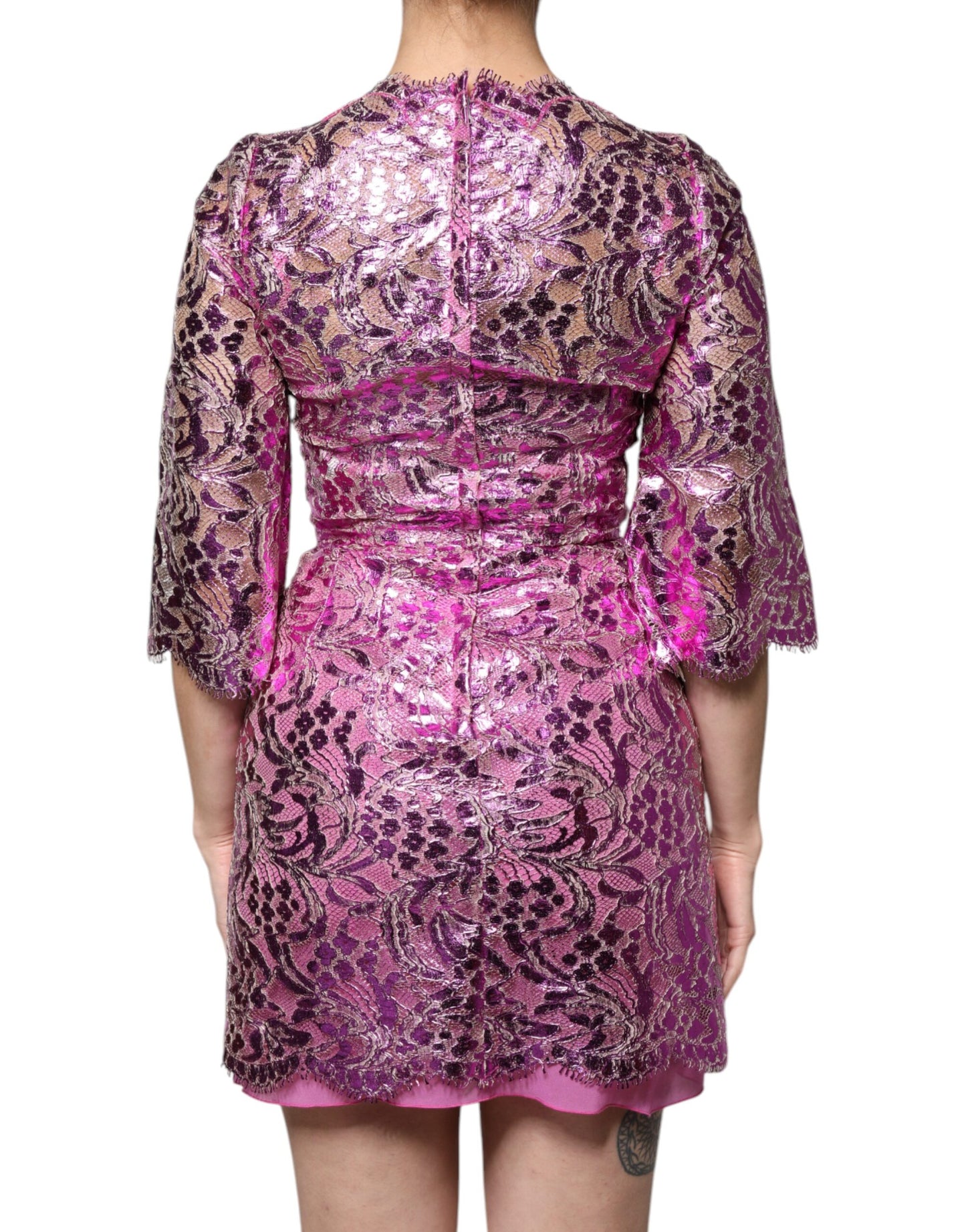 Dolce & Gabbana Metallic Fuchsia Floral Sheath Mini Dress