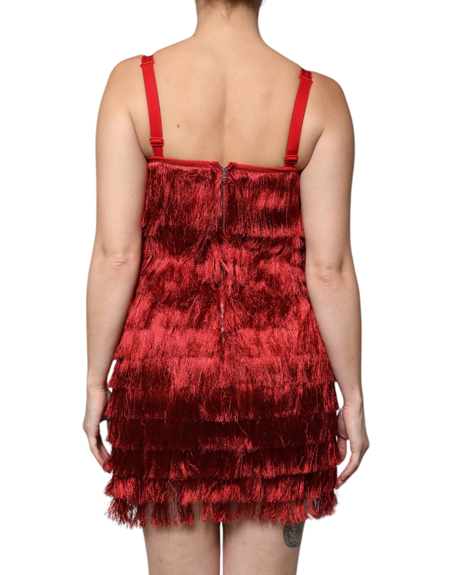 Dolce & Gabbana Red Lace Tassel Sleeveless Sheath Mini Dress