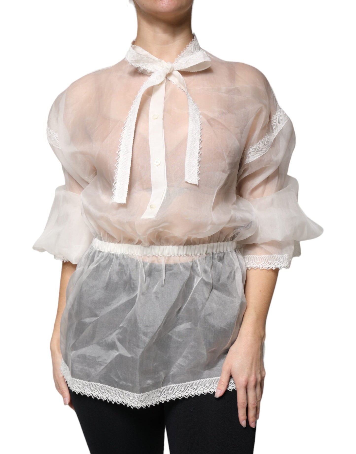 Dolce & Gabbana White Ascot Collar Long Sleeves Blouse Top