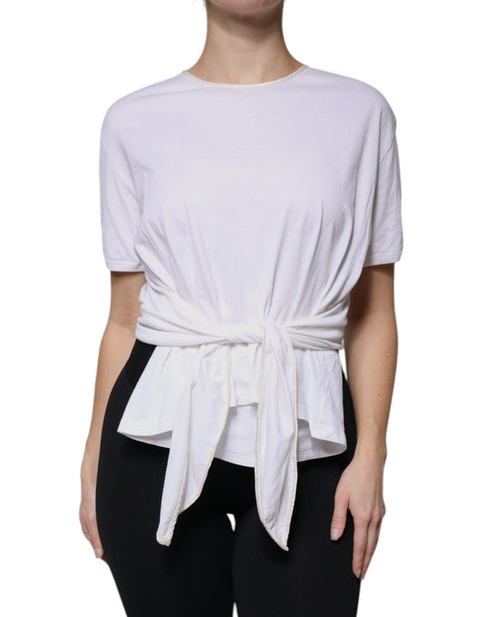 Dolce & Gabbana White Cotton Silk Round Neck Wrap Blouse Top