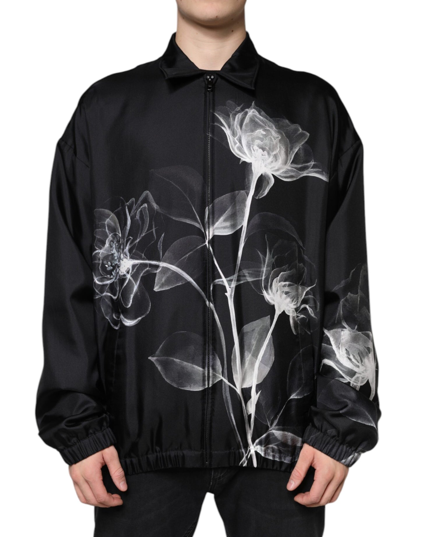 Dolce & Gabbana Black Floral Print Silk Men Full Zip Sweater