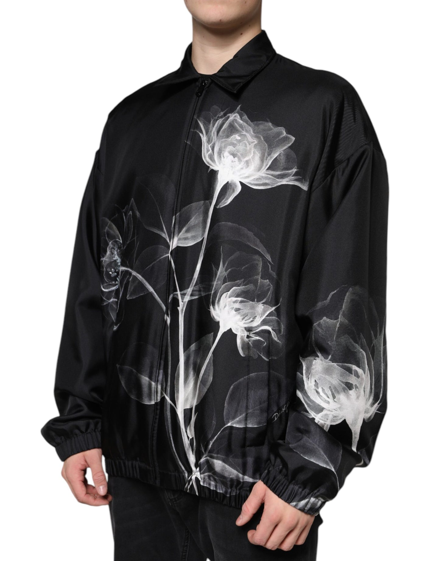 Dolce & Gabbana Black Floral Print Silk Men Full Zip Sweater