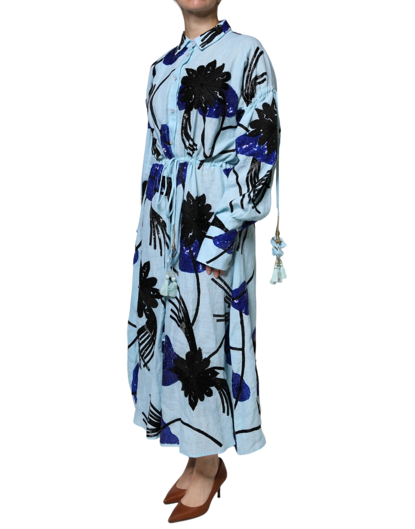 Christian Pellizzari Light Blue Floral Embellished Shirt Maxi Dress