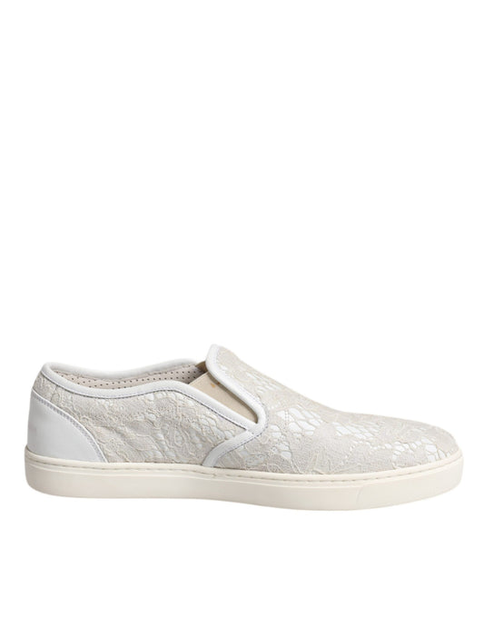 Dolce & Gabbana White Floral Lace Slip On Loafers Shoes