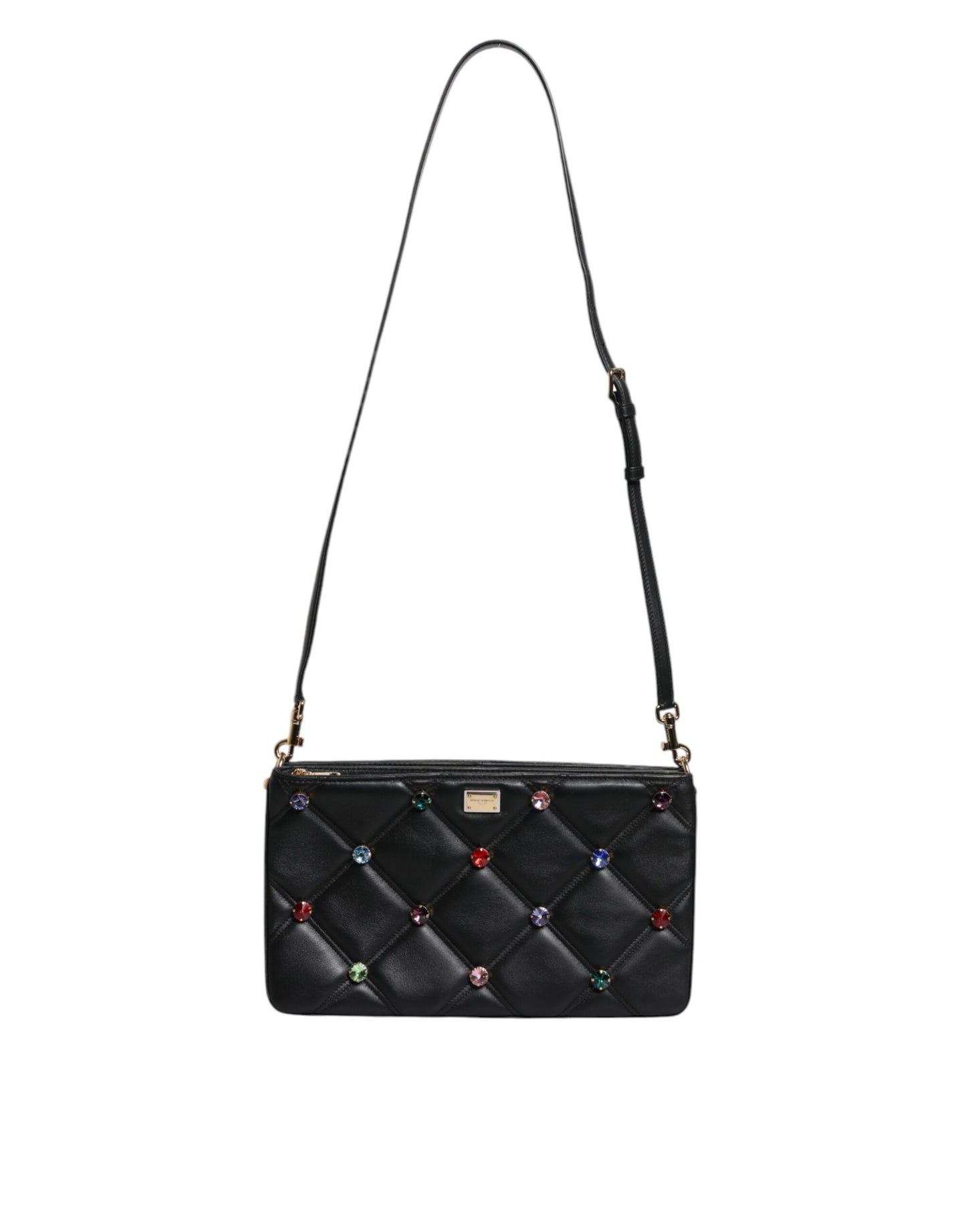 Dolce & Gabbana Black Leather Crystal Embellished Logo Shoulder Bag