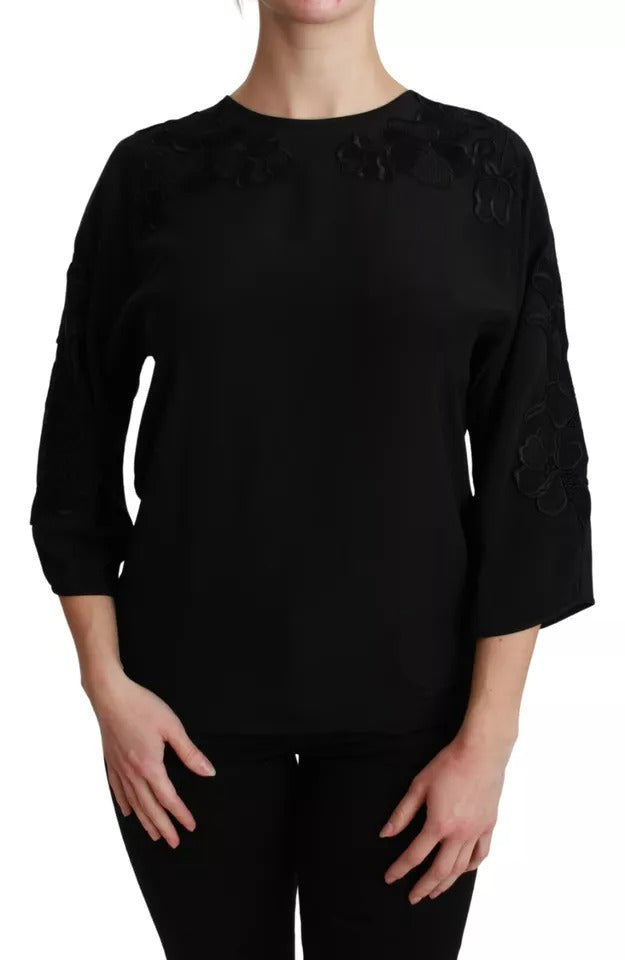 Dolce & Gabbana Black Floral Embroidered Blouse Silk Top