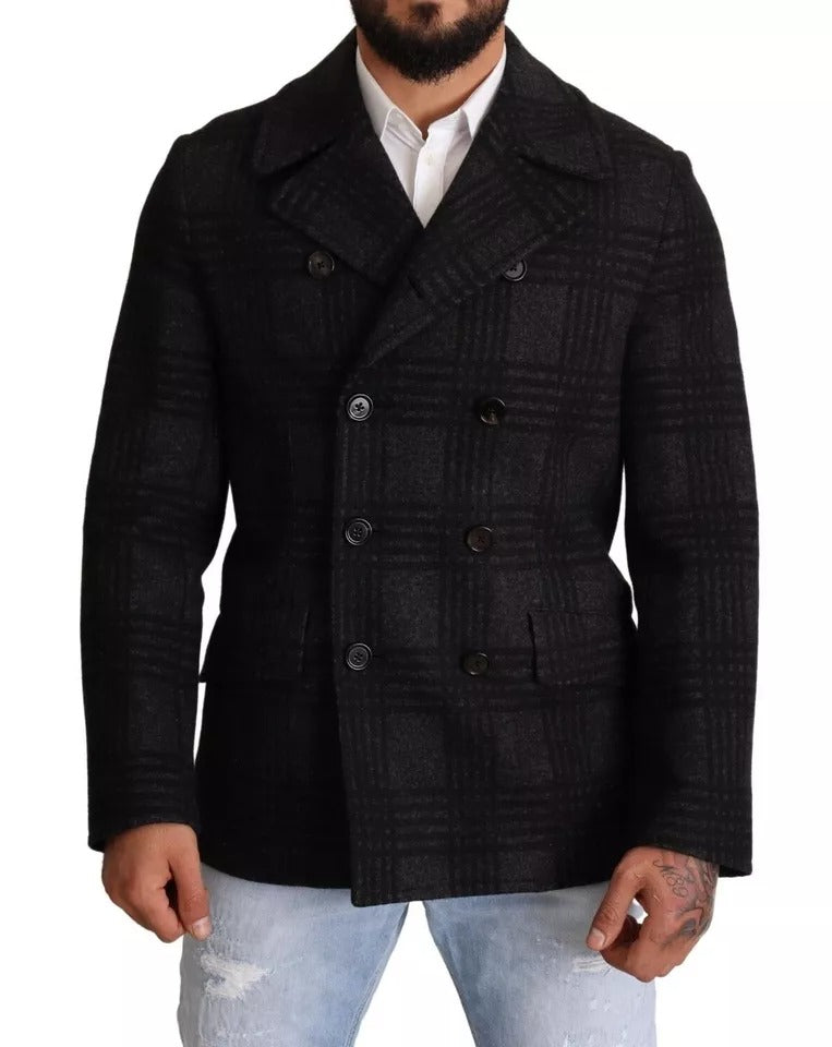 Dolce & Gabbana Black Trench Coat Check Wool Jacket