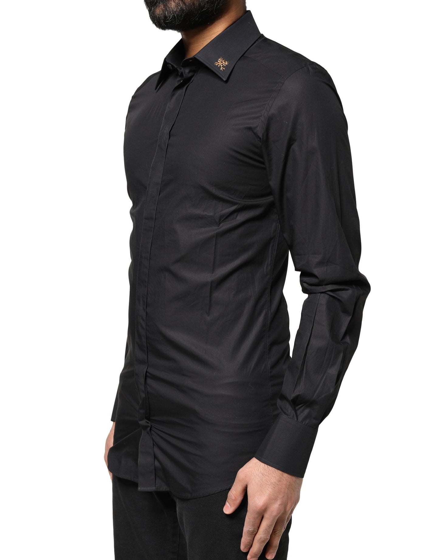 Dolce & Gabbana Black GOLD Cross Embellished Men Dress Shirt