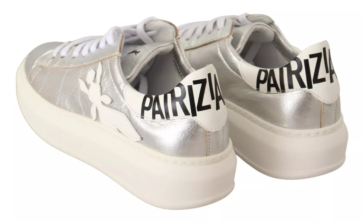 Patrizia Pepe Silver Full Grain Leather Lace Up Sneakers Shoes