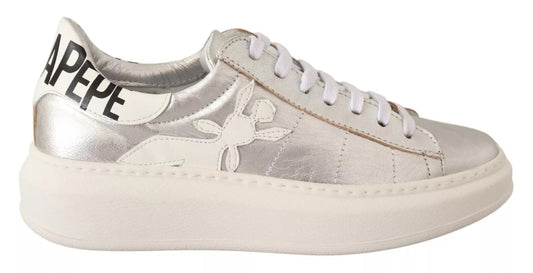 Patrizia Pepe Silver Full Grain Leather Lace Up Sneakers Shoes