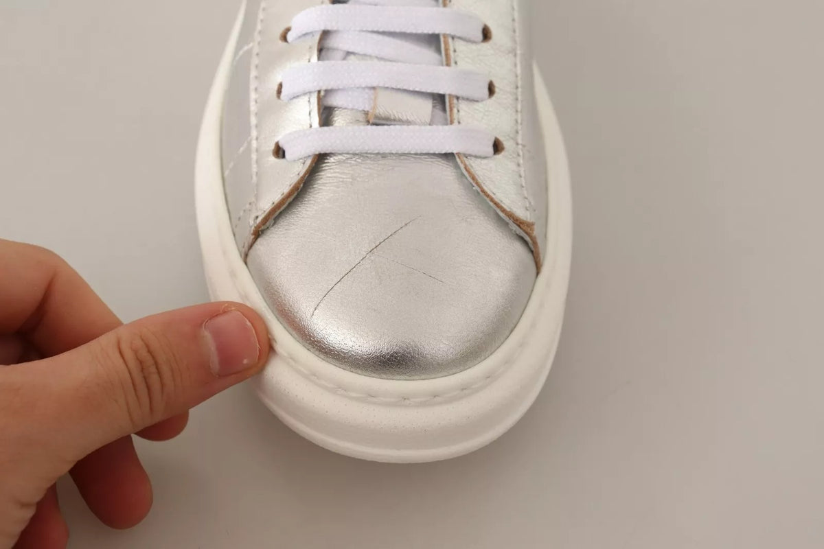 Patrizia Pepe Silver Full Grain Leather Lace Up Sneakers Shoes