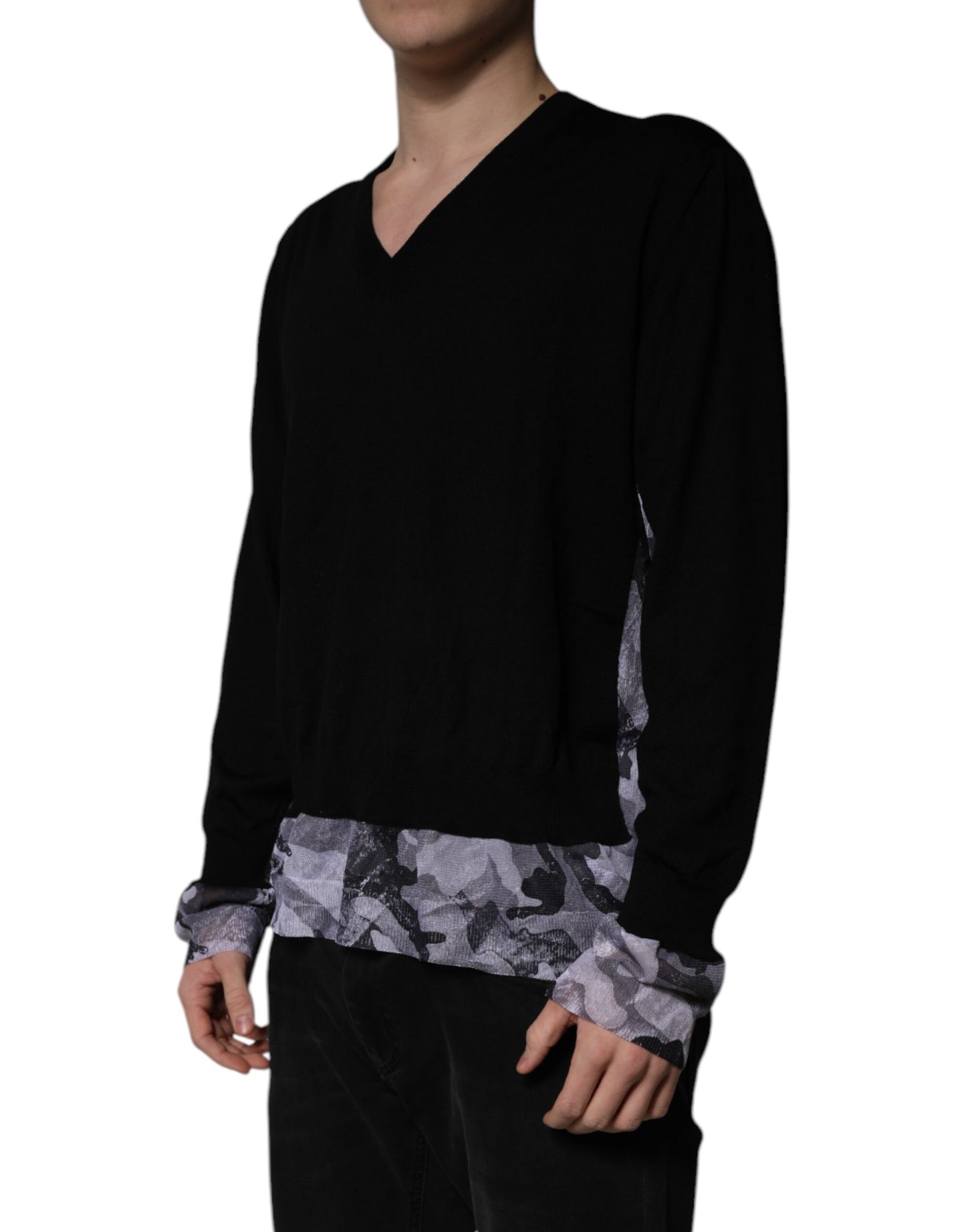 Dolce & Gabbana Black Camouflage V-neck Pullover Sweater