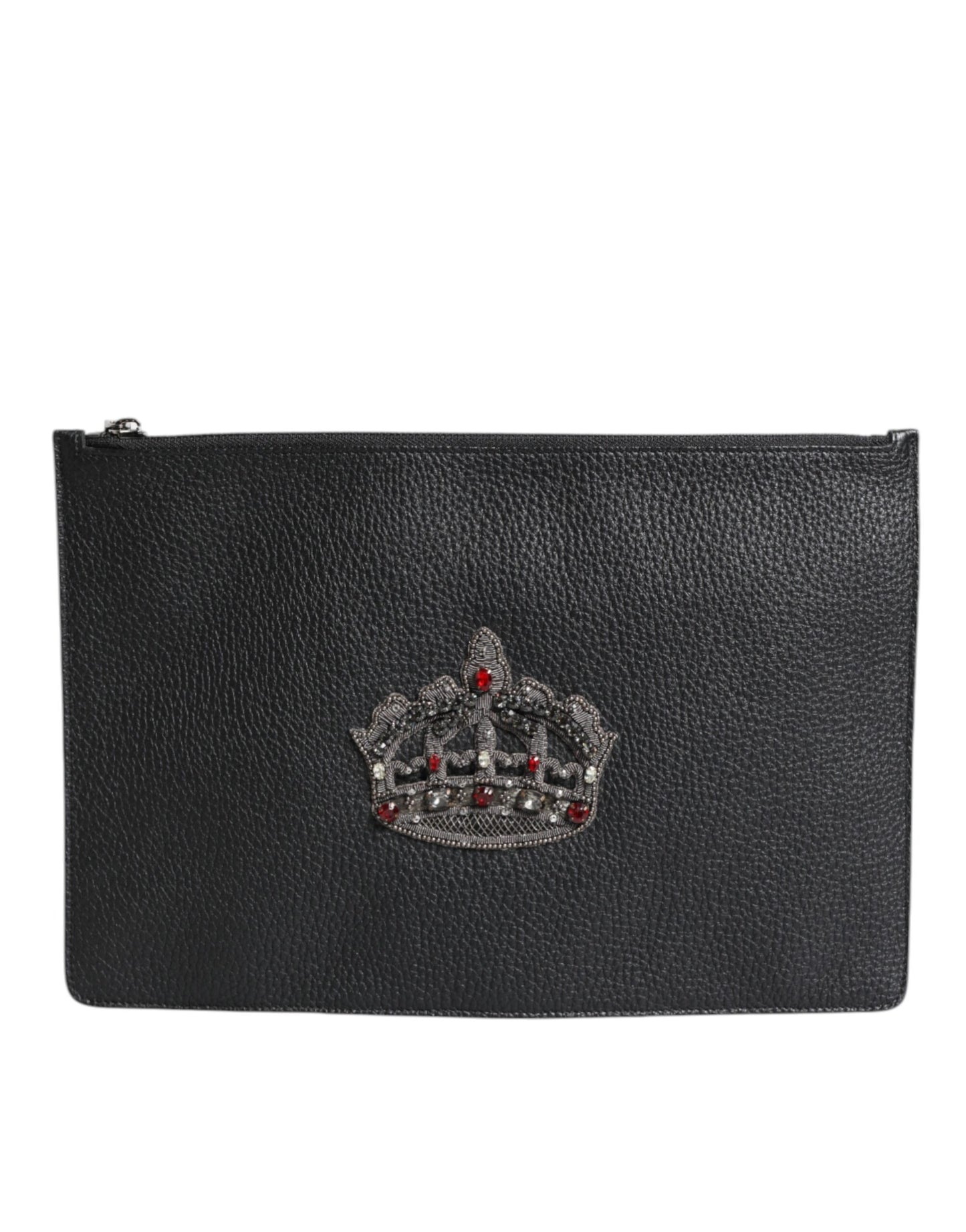 Dolce & Gabbana Black Calfskin Crown Embellished Clutch Pouch Bag