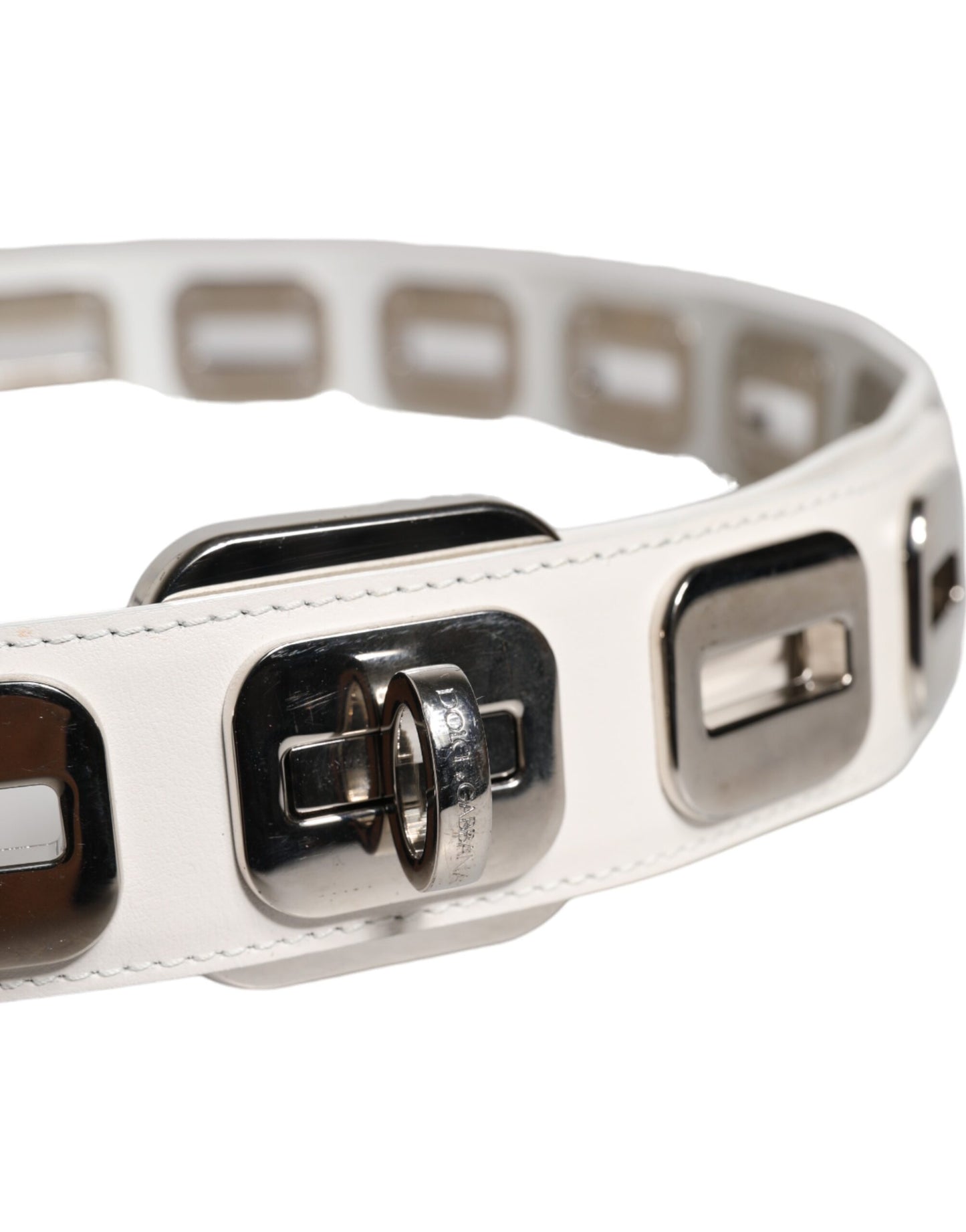 Dolce & Gabbana White Leather Gold Tone Rotating Buckle Belt