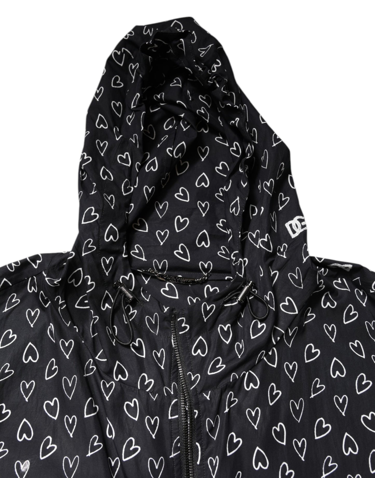 Dolce & Gabbana Black Heart Print Hooded Windbreaker Jacket