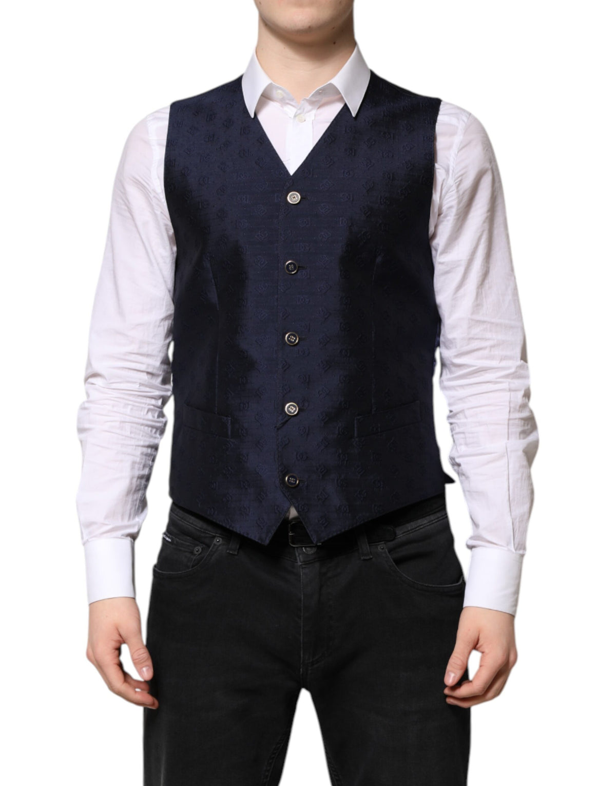 Dolce & Gabbana Dark Blue Logo Wool Formal Men Waistcoat Vest