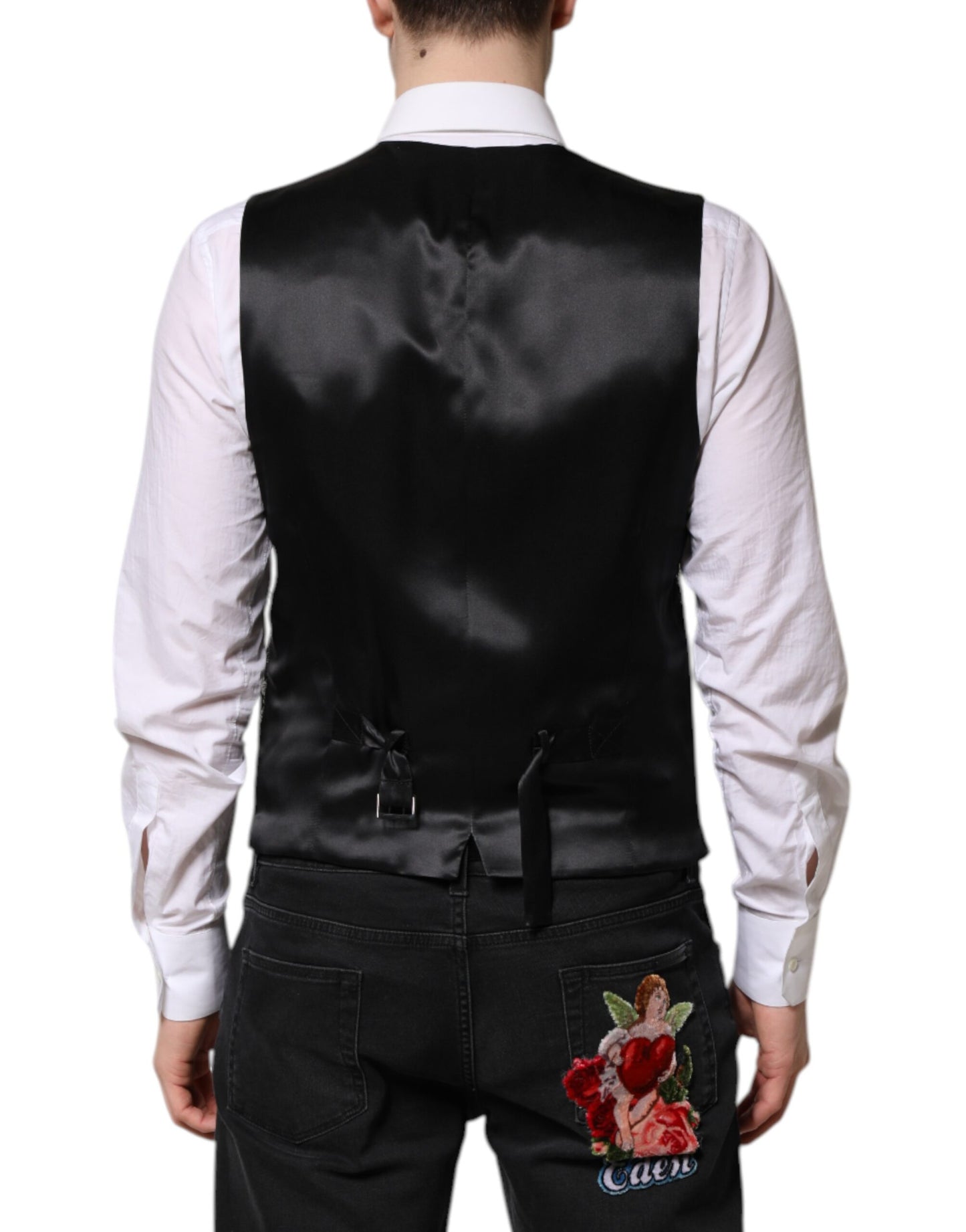 Dolce & Gabbana Black Gray Brocade Formal Men Waistcoat Vest
