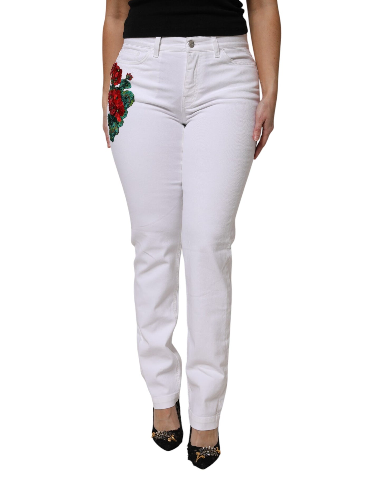 Dolce & Gabbana White Floral Sequined GIRLY Denim Jeans
