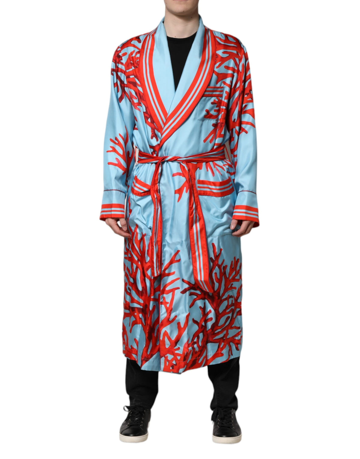Dolce & Gabbana Blue Red Coral Print Wrap Robe Coat Jacket