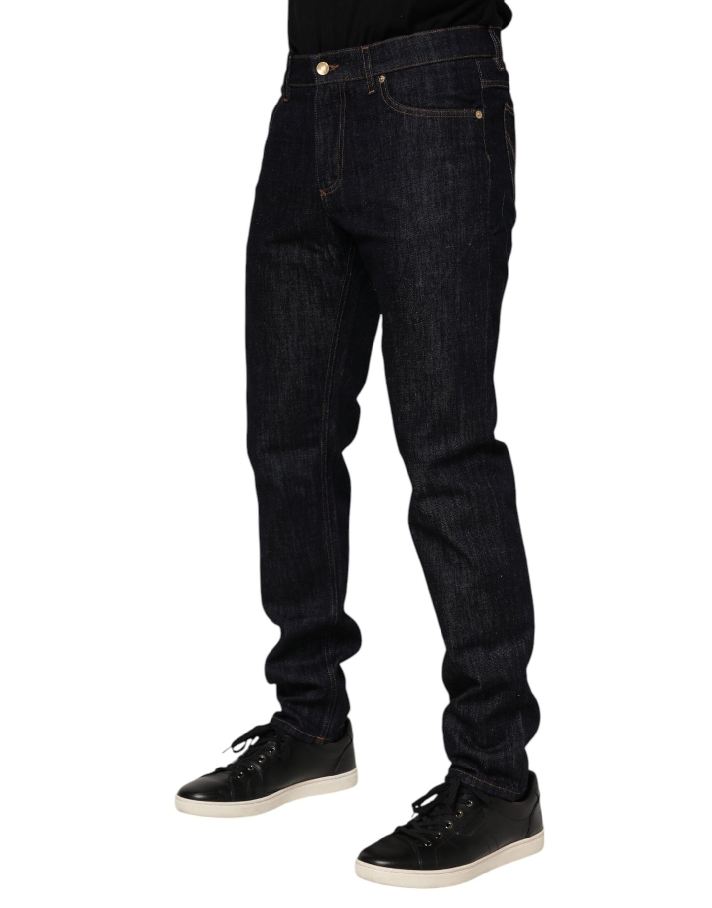 Dolce & Gabbana Dark Blue Cotton Logo Plaque Men Denim Jeans