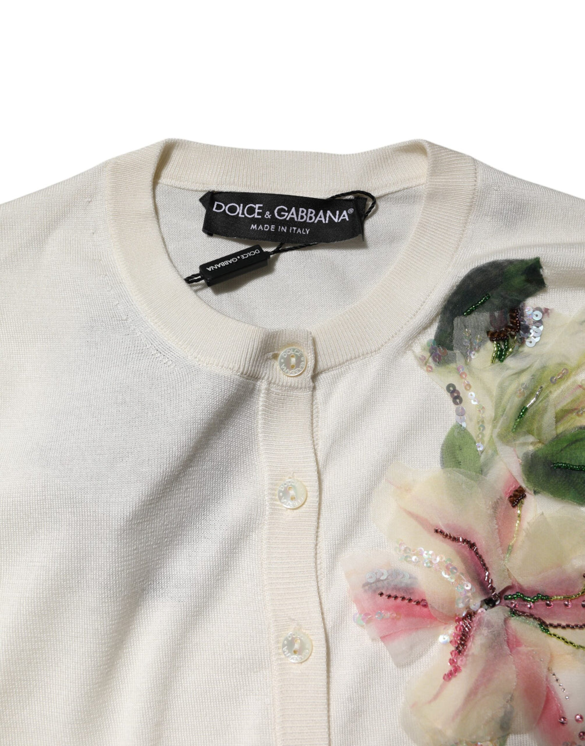 Dolce & Gabbana White Silk Lily Embellished Cardigan Sweater