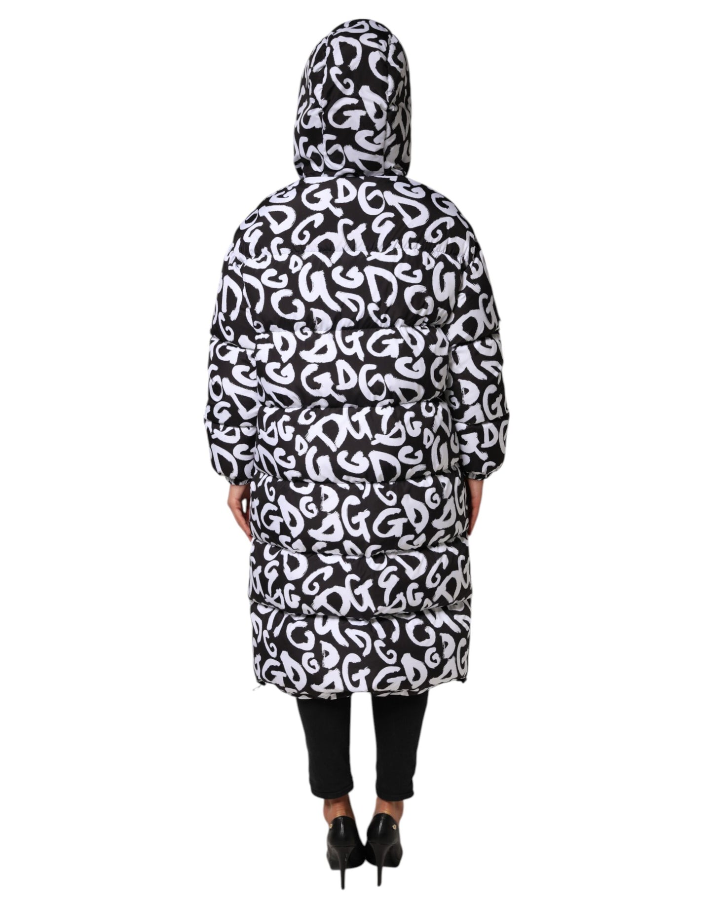 Dolce & Gabbana Black White DG Mania Hooded Long Coat Jacket