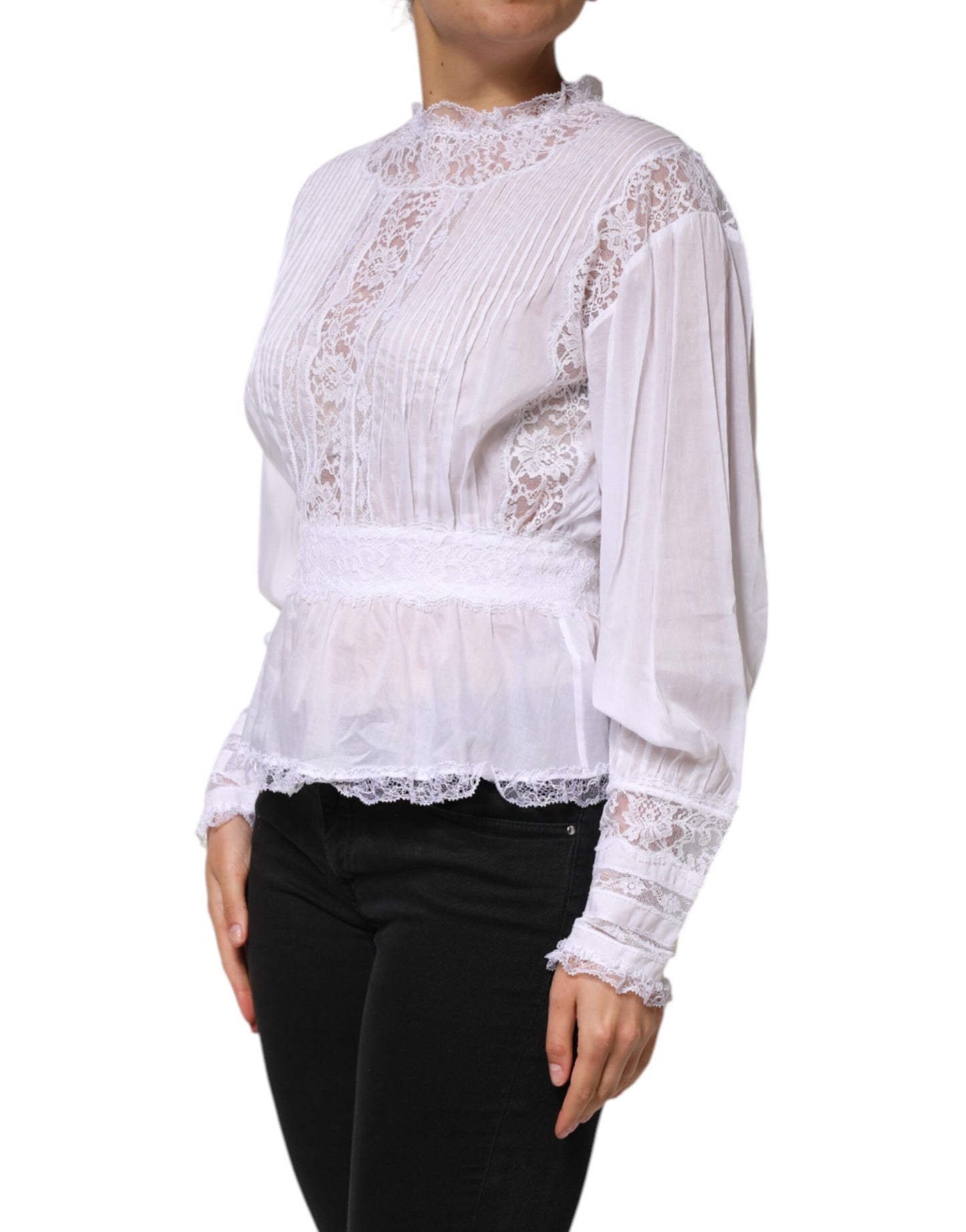 Dolce & Gabbana White Cotton Floral Lace Long Sleeves Top