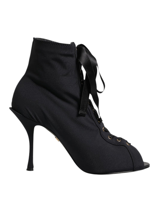 Dolce & Gabbana Black Stiletto Heels Lace Up Boots Shoes