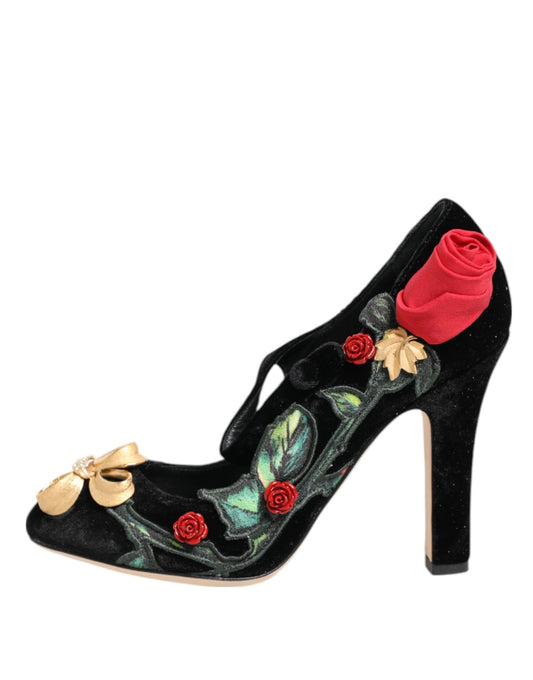 Dolce & Gabbana Black Roses Crystal Brooch Mary Jane Shoes