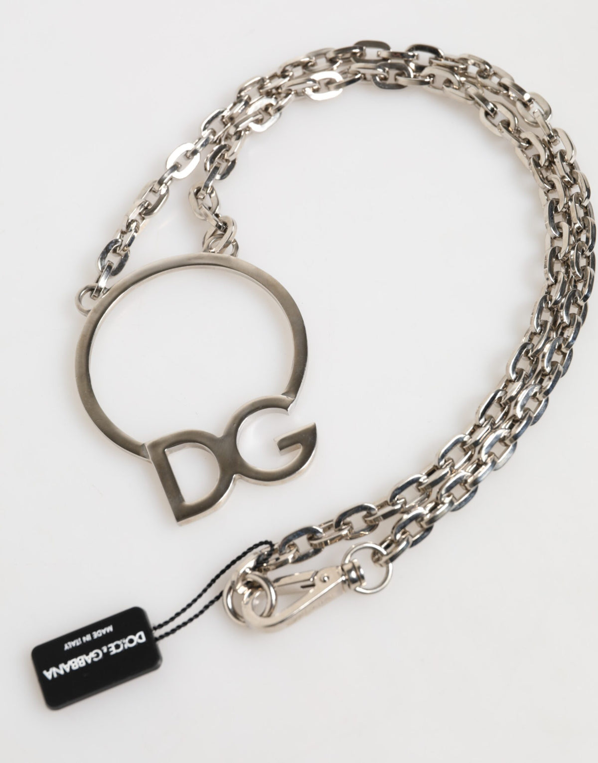 Dolce & Gabbana Silver Tone Brass Chain DG Logo Pendant Men Necklace