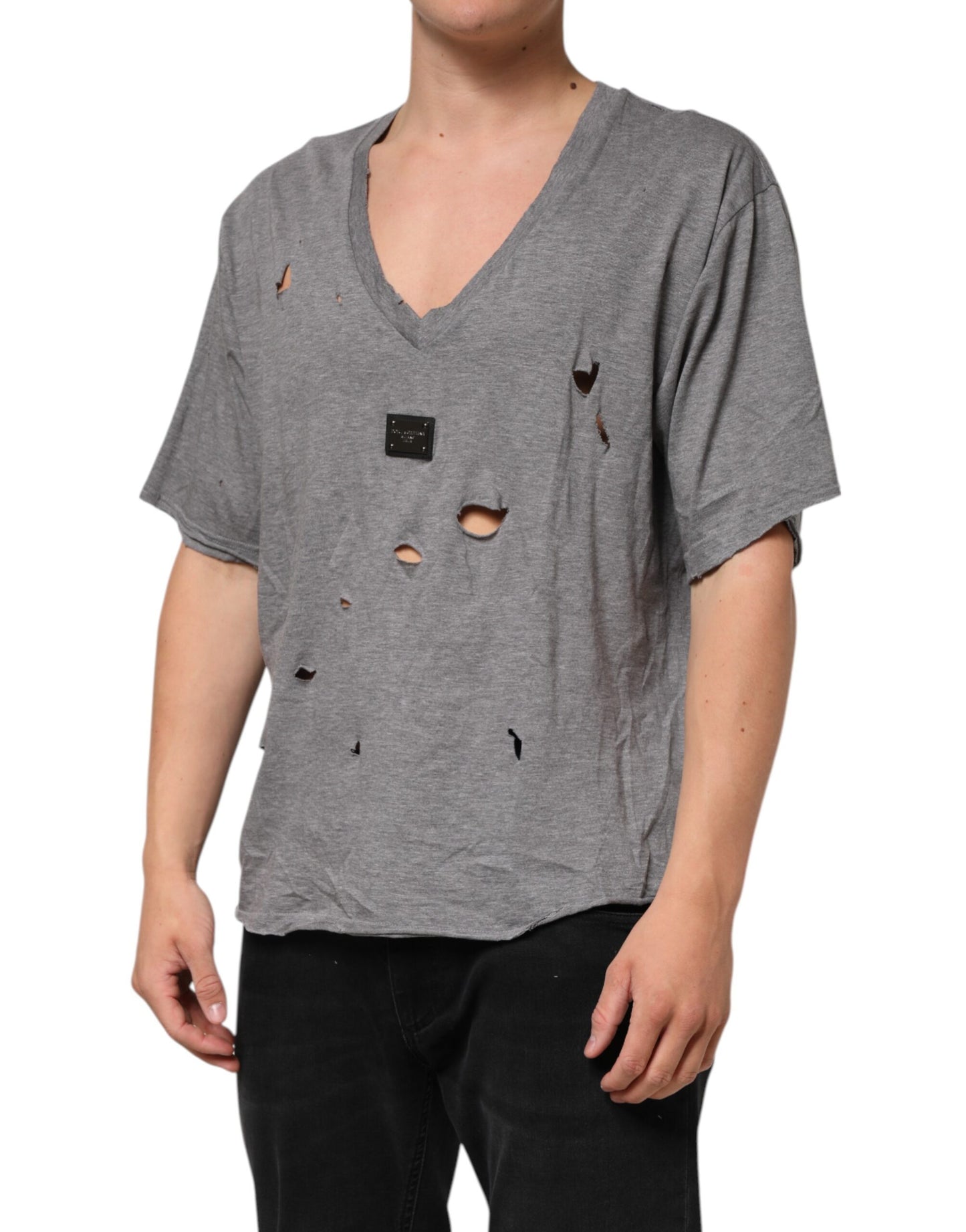 Dolce & Gabbana Gray Cotton Tattered Logo Patch Men T-shirt