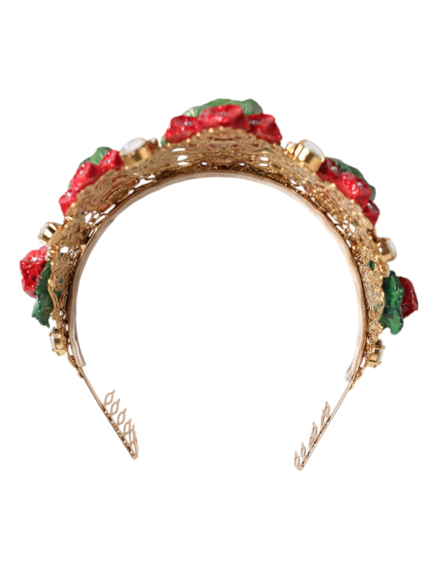 Dolce & Gabbana Red Floral Flowerpot Crystal Gold Crown Tiara Headband