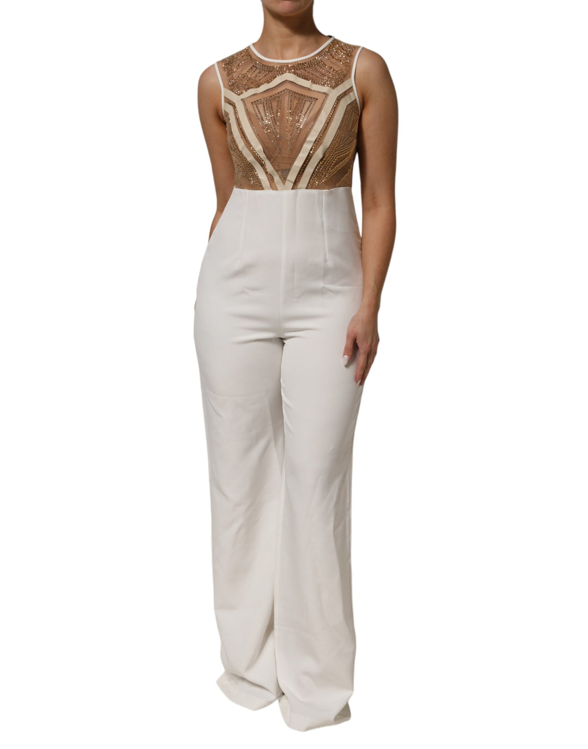 Mangano White Beige Mesh Crystal Embellished Sleeveless Jumpsuit
