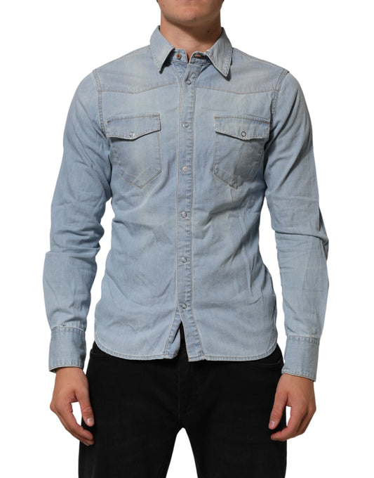 Maison Clochard Blue Denim Collared Long Sleeve Men Shirt