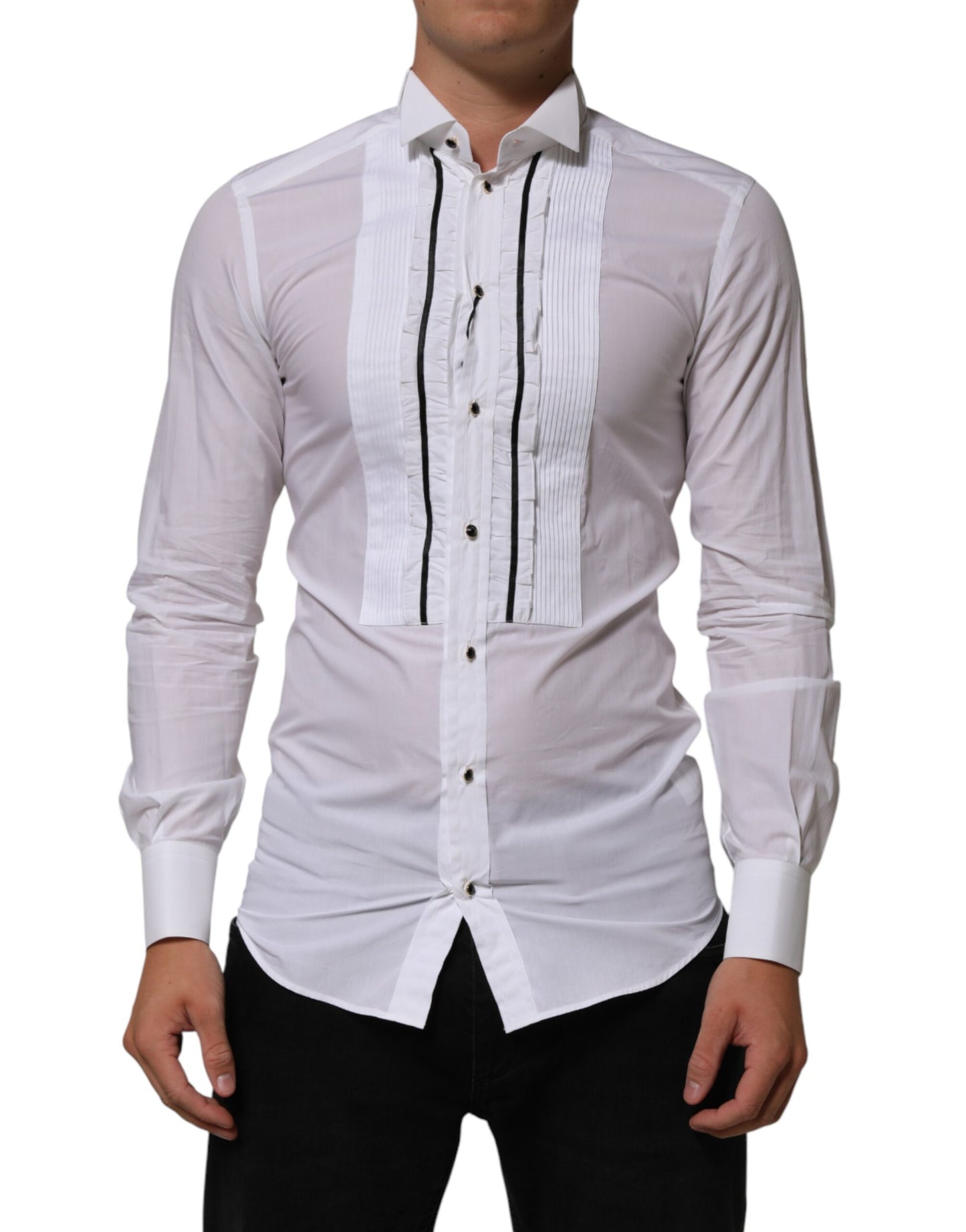 Dolce & Gabbana White Cotton Collared Long Sleeve GOLD Dress  Shirt