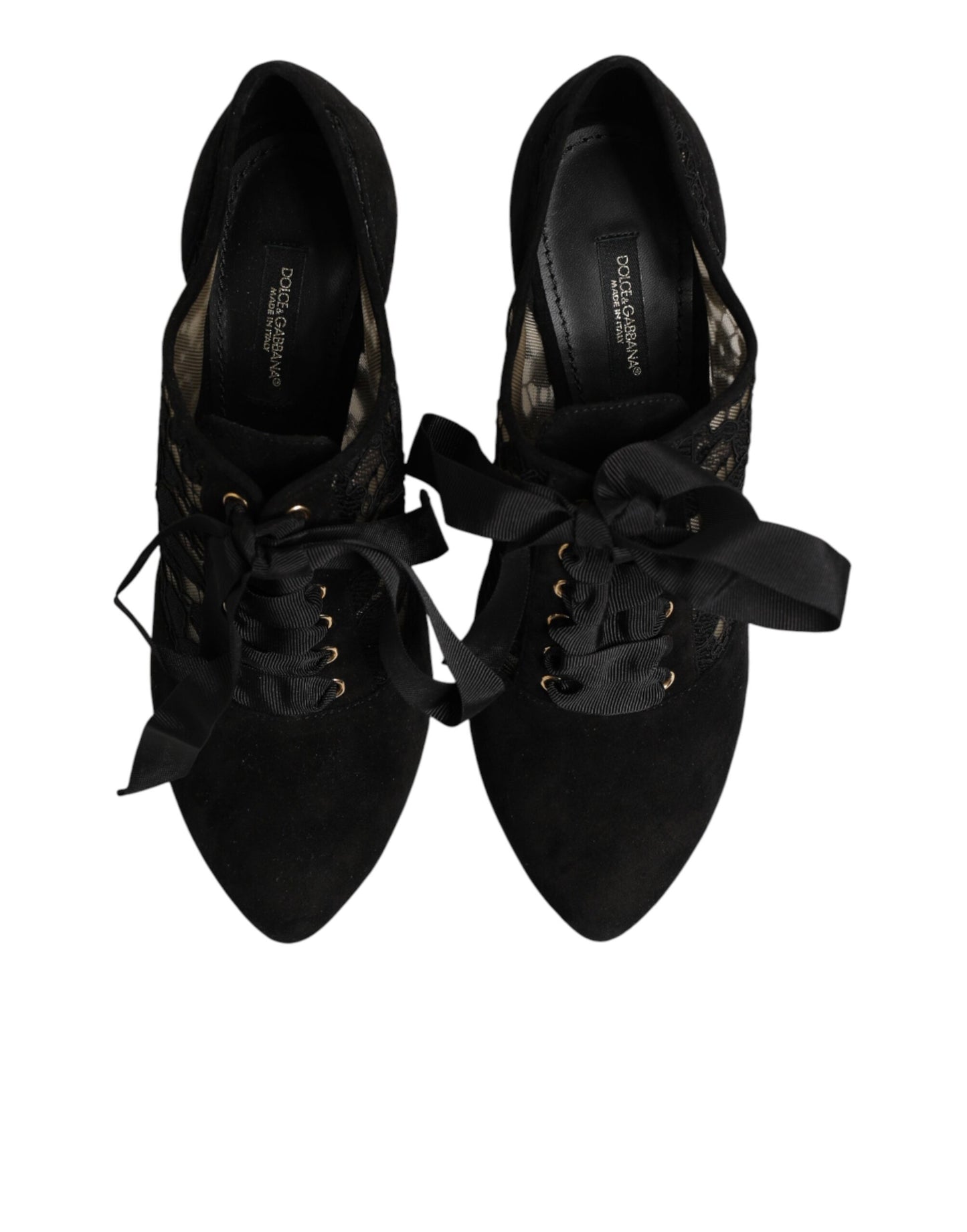 Dolce & Gabbana Black Floral High Heels LACE-UPS Pumps Shoes