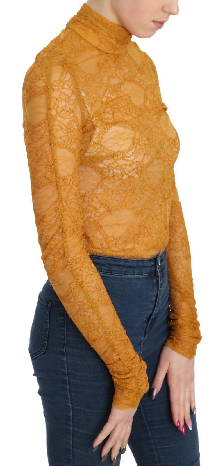 Mangano Mustard Turtle Neck Long Sleeve Lace Top Blouse