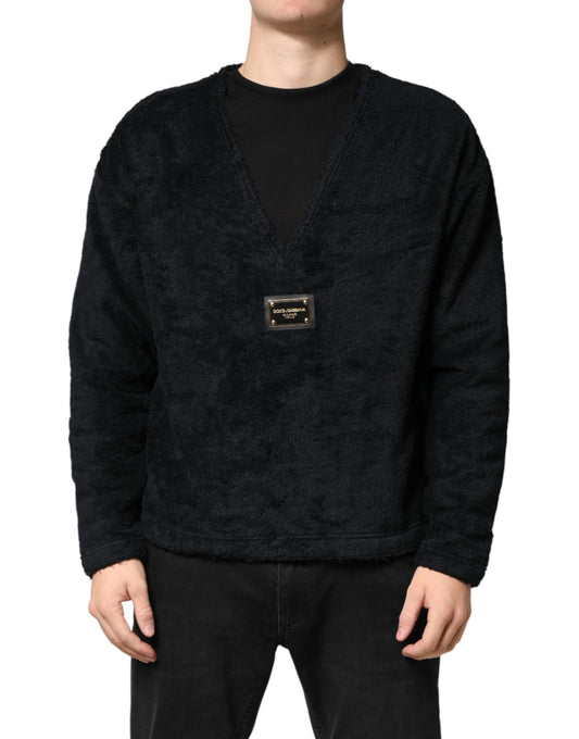 Dolce & Gabbana Black Cotton V-Neck Men Sweatshirt Sweater