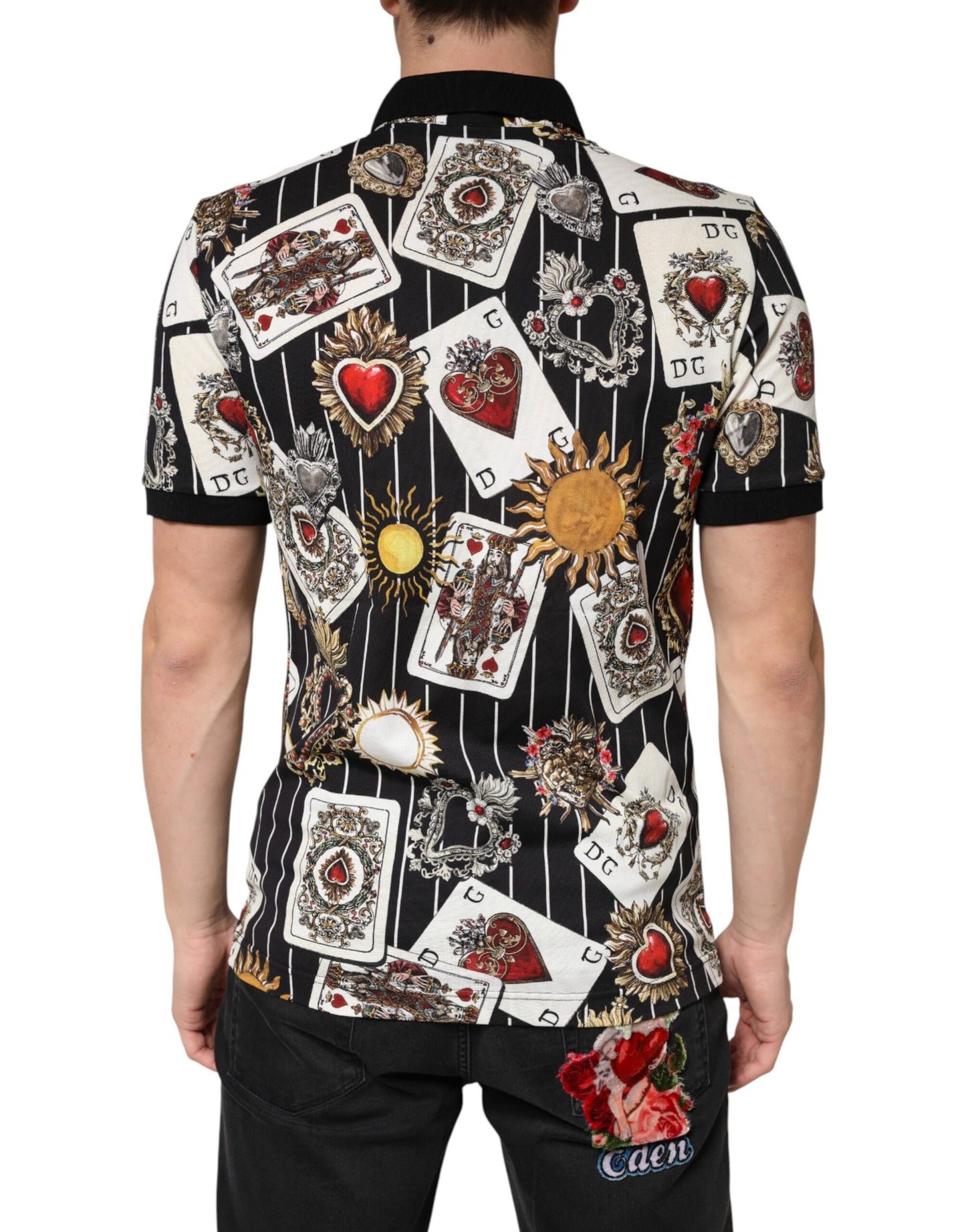 Dolce & Gabbana Black Card Heart Print Cotton Polo T-shirt