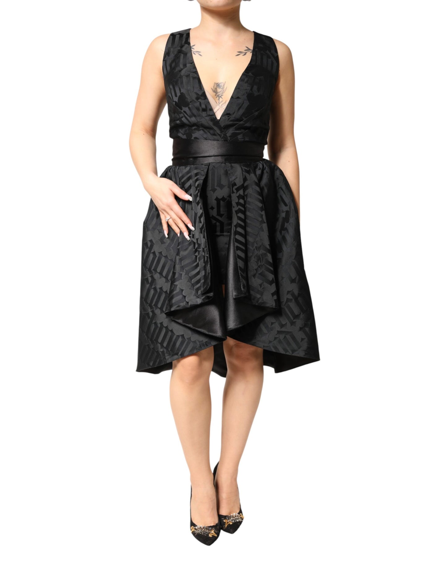 John Richmond Black Jacquard Deep V-neck Sleeveless 2 Pc Dress