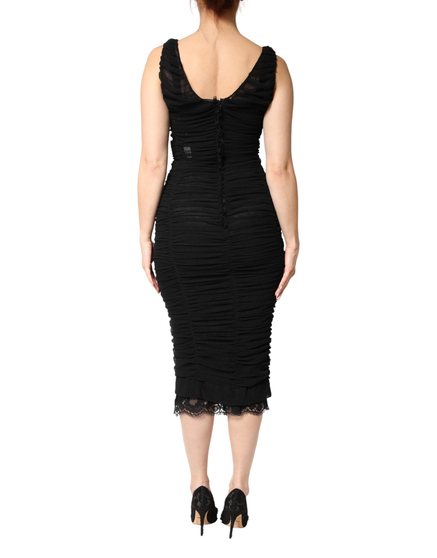 Dolce & Gabbana Black V-Neck Ruched Lace Hem Midi Dress