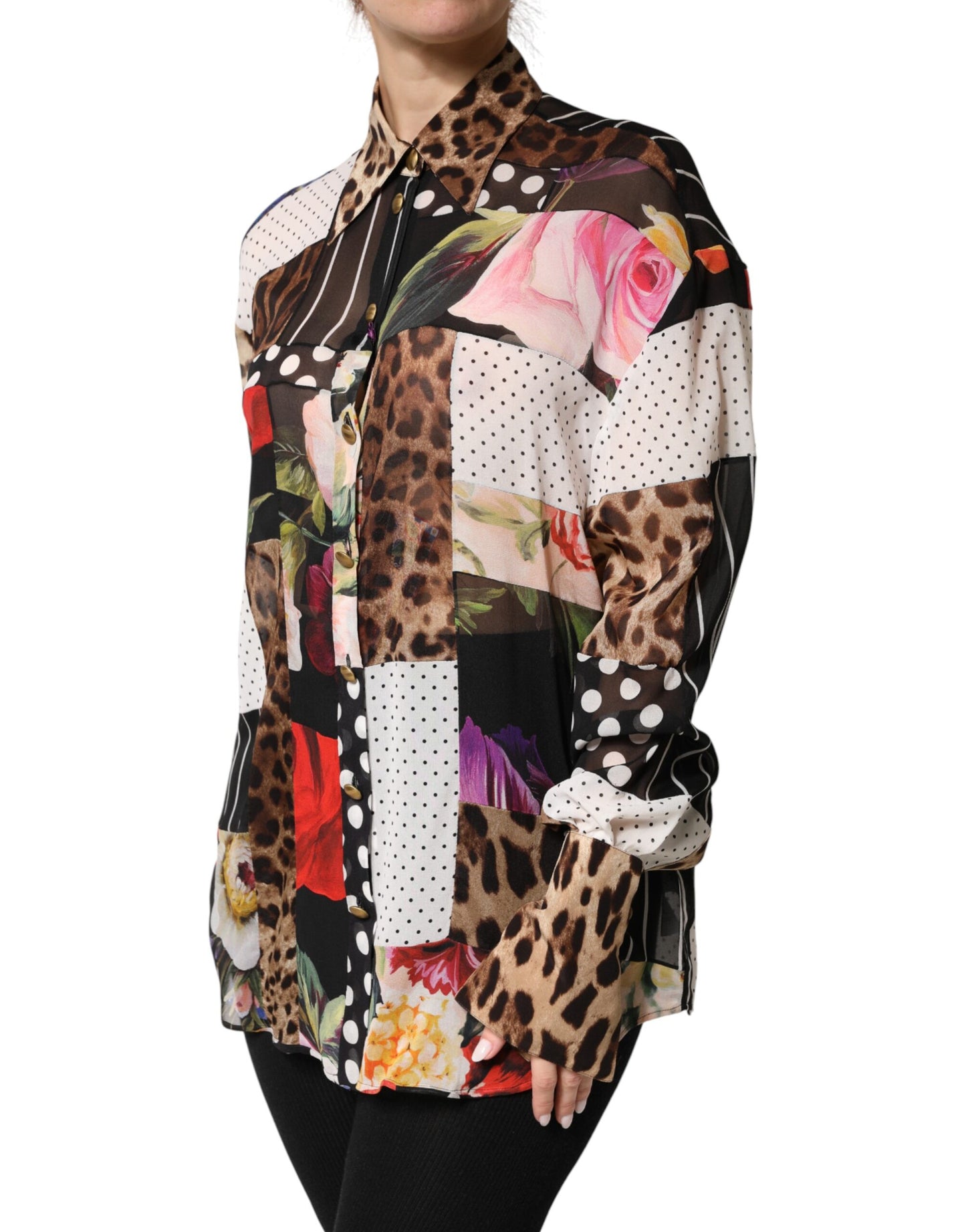 Dolce & Gabbana Multicolor Patchwork Silk CollaredBlouse Top